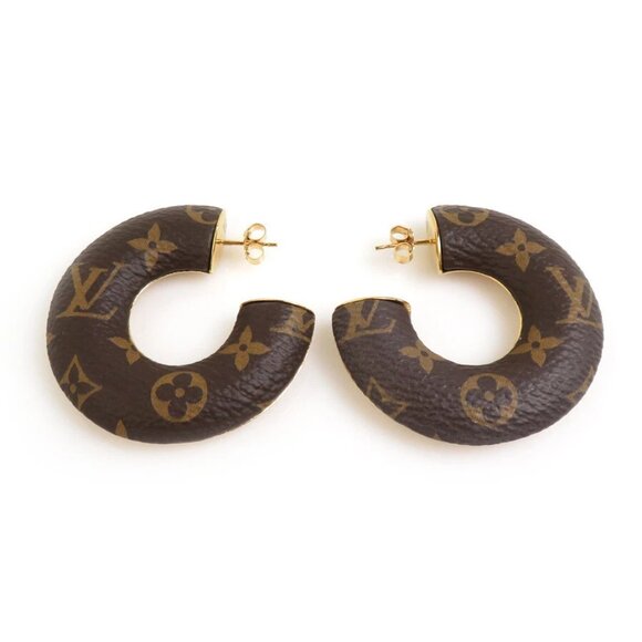 Auth LOUIS VUITTON Monogram Hoop Pierce Earrings Brown/Gold Metal - Picture 1 of 8